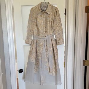 Teri Jon, size 6, Elegant Gold Embroidered Midi Dress. Perfect for a wedding.